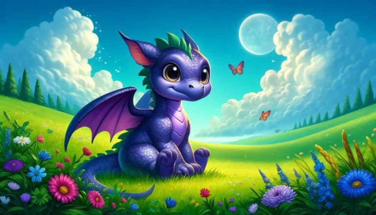 a cartoon of a dragon sitting in a grassy field